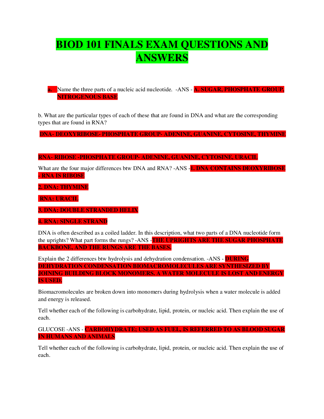 Preview of BIOD 101 FINALS EXAM QUESTIONS AND ANSWERS PREP